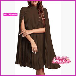 Mock Neck Cloak Sleeve Pleated Keyhole Back Flowy Midi Dress